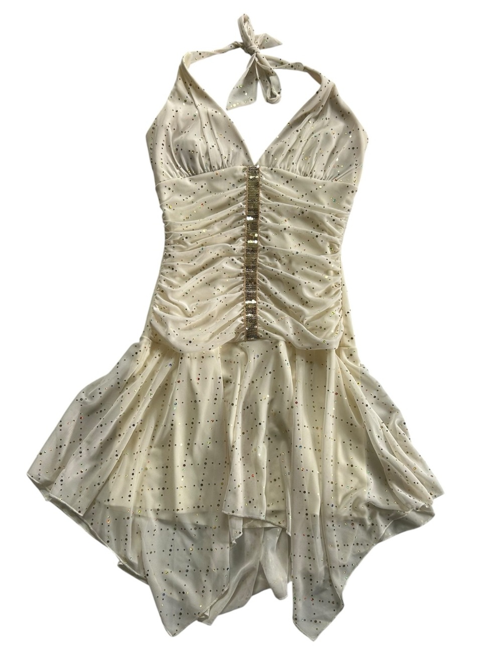 Y2K Taboo Ivory Sequin Asymmetrical Hem Halter mini dress Size M Fairy McBling